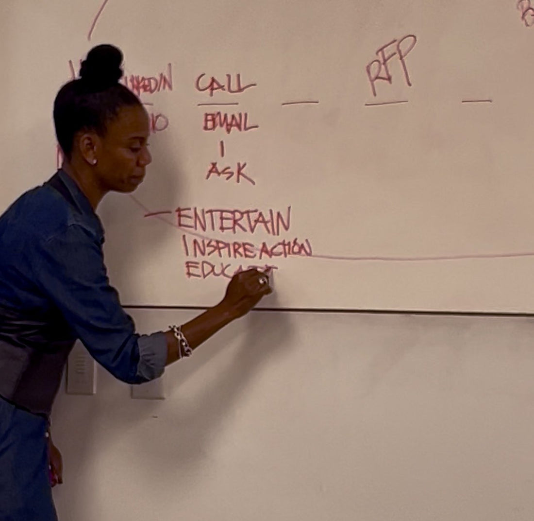 Miss Ronda Jackson, Los Angeles business coach, mapping the path from outreach to RFP on a whiteboard